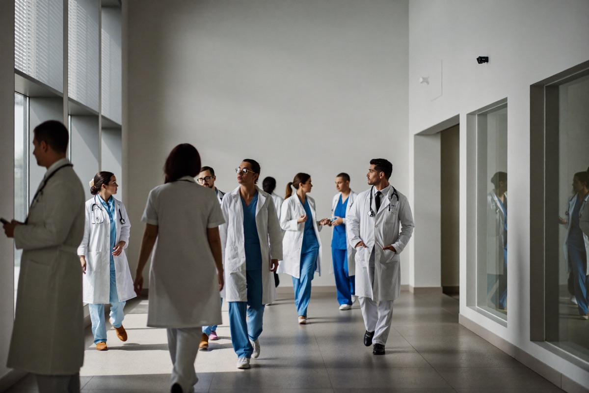 Equipo de profesionales de salud en el pasillo de una institución médica moderna
